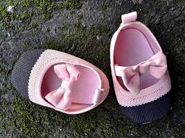 söt liten bebis skor rosa och svart Färg på plåster och mossa växter bakgrund foto