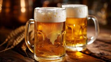 två glasögon av öl på en trä- tabell i en pub eller bar foto