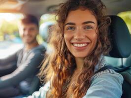 en kvinna med lång hår är leende och tar en selfie i en bil foto