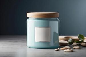 elegant blå glas burk med trä- lock och tom märka - modern kök lagring lösning foto