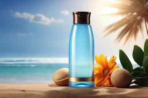 en flaska av vatten och en blomma på de strand foto