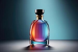 en flaska av parfym med en regnbåge färgad bakgrund foto