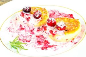 välsmakande och hälsosam mat. läcker cheesecake med tranbär. foto