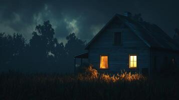 en hus med en belyst upp fönster och en mörk bakgrund foto