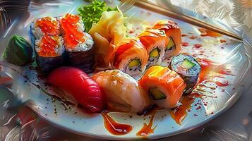 en målning av sushi och en tallrik med en bild foto