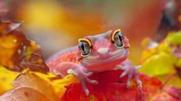 en slemmig söt gecko ser på en färgrik höst foto