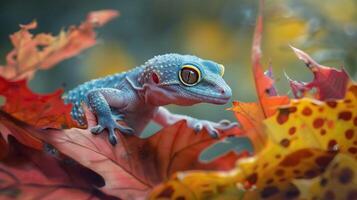 en slemmig söt gecko ser på en färgrik höst foto