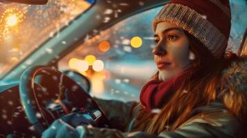 en ung kvinna körning njuter de vinter- natt foto