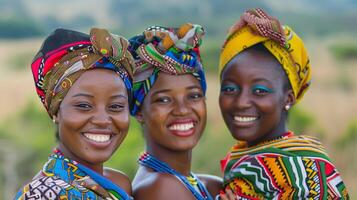 afrikansk kvinnor leende bär traditionell Kläder foto