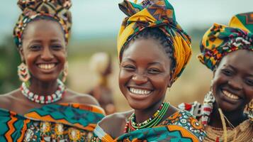 afrikansk kvinnor leende bär traditionell Kläder foto