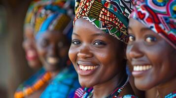 afrikansk kvinnor leende bär traditionell Kläder foto