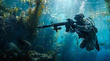 armén soldat dykning under vattnet utrustad foto