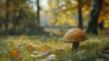 höst skog stänga upp av ätlig svamp på gräs foto
