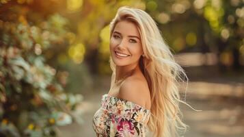 skön blond kvinna i en blommig klänning leende foto