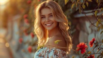 skön blond kvinna i en blommig klänning leende foto
