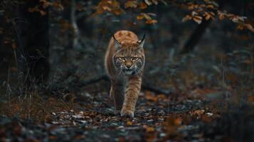 stor katt gående genom mörk höst skog foto