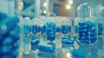 blå antibiotikum piller i laboratorium samling foto