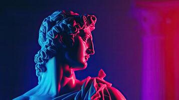 klassisk neon staty, antik gammal skulptur i digital synthwave eller ångvåg. . 90s kreativ abstrakt mode foto