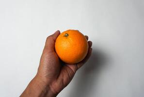 manlig hand innehav citrus- frukt på vit bakgrund. foto