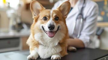 en corgi sitter på undersökning tabell och kvinna läkare i en veterinären undersökning rum foto