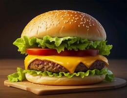 burger med nötkött kött smält ost och grönsaker foto