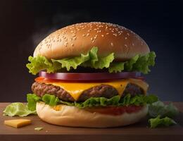 nötkött burger med ost och sallad på svart skiffer över en mörk bakgrund. foto