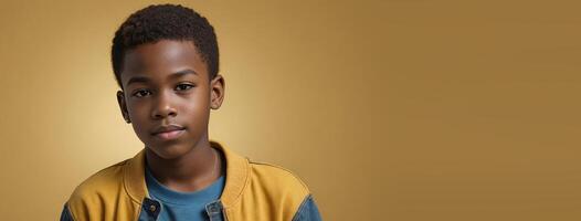 ett afrikansk amerikan ungdomlig pojke isolerat på en gul bakgrund med kopia Plats. foto