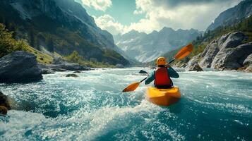 kayaker paddling de fors av en skön berg flod. . foto