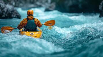 kayaker paddling de fors av en skön berg flod. . foto