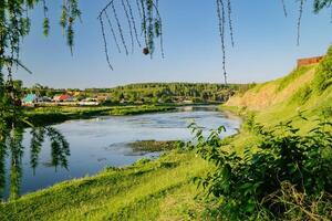 sommar dag flodstrand med hängande bro foto