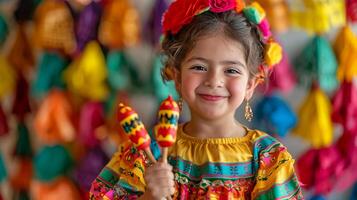 leende mexikansk flicka klädd i traditionell Kläder innehav maracas. cinco de majonnäs. foto