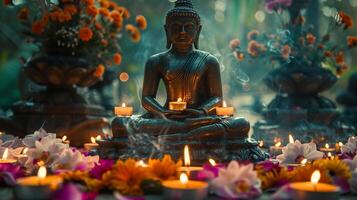 buddha staty i utsmyckad tempel. ljus, blommor, och erbjudanden. vesak, buddha purnima, foto