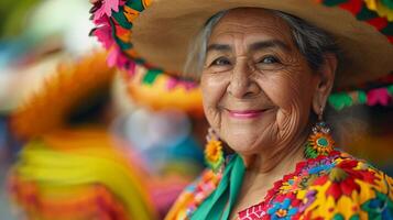 leende senior mexikansk kvinna i en stor sombrero och traditionell klänning. cinco de majonnäs. foto