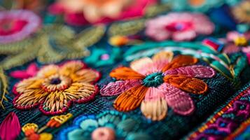 närbild vibrerande handgjort broderad textil- visning flerfärgad blommor, detaljerad sömmar, handgjord design, lämplig för kläder och Hem dekoration foto