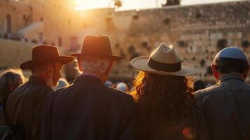 jewish människor stående i främre av de Västra vägg i jerusalem under yom hazikaron. foto