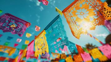 vibrerande mexikansk papel picado fladdrande mot en klar blå himmel. cinco de mayo baner. foto