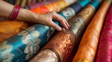 hand väljer lyxig texturerad tyger i rik indisk färger för skräddarsydd Kläder foto