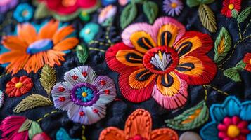 närbild handgjort broderad textil- med flerfärgad blommor, detaljerad sömmar, foto