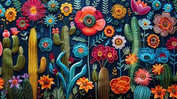 vibrerande tyg textur med rikt handgjort broderad mexikansk kaktusar och blommor. foto