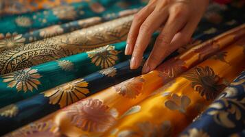 hand väljer lyxig texturerad tyger i rik indisk färger för skräddarsydd Kläder. foto