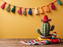 kopia Plats bakgrund av små söt kaktus med små mexikansk hatt på de trä- tabell och gul vägg för cinco de mayo begrepp. foto