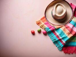 kopia Plats bakgrund av mexikansk filt och mexikansk hatt i pastell rosa yta för cinco de mayo begrepp. foto