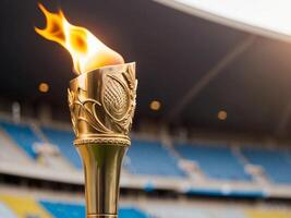 olympiska spel guld ficklampa flamma. olympic ficklampa begrepp. olympic ficklampa med stadion scen som bakgrund. foto