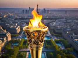 paris olympic ficklampa begrepp. olympic ficklampa med paris landmärke byggnad scen som bakgrund. foto