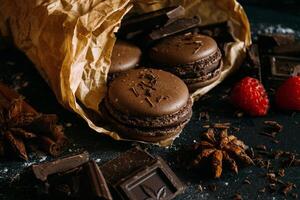 macaroons med bär, choklad och badiane på en svart bakgrund foto