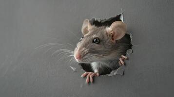 råtta i de hål av grå papper, liten gnagare kryper ut genom de hantverk bakgrund, rolig djur. foto