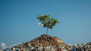 en ung träd växande från en berg av deponi, hushåll avfall sopor över en blå himmel foto