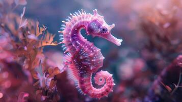 små rosa sjöhäst i på en bakgrund av koraller och alger foto