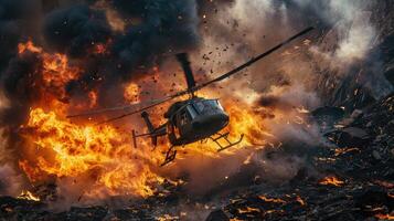 en brinnande helikopter den där kraschade i en dal. foto