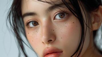 skönhet begrepp porträtt av ung asiatisk kvinna med mjuk slingor foto